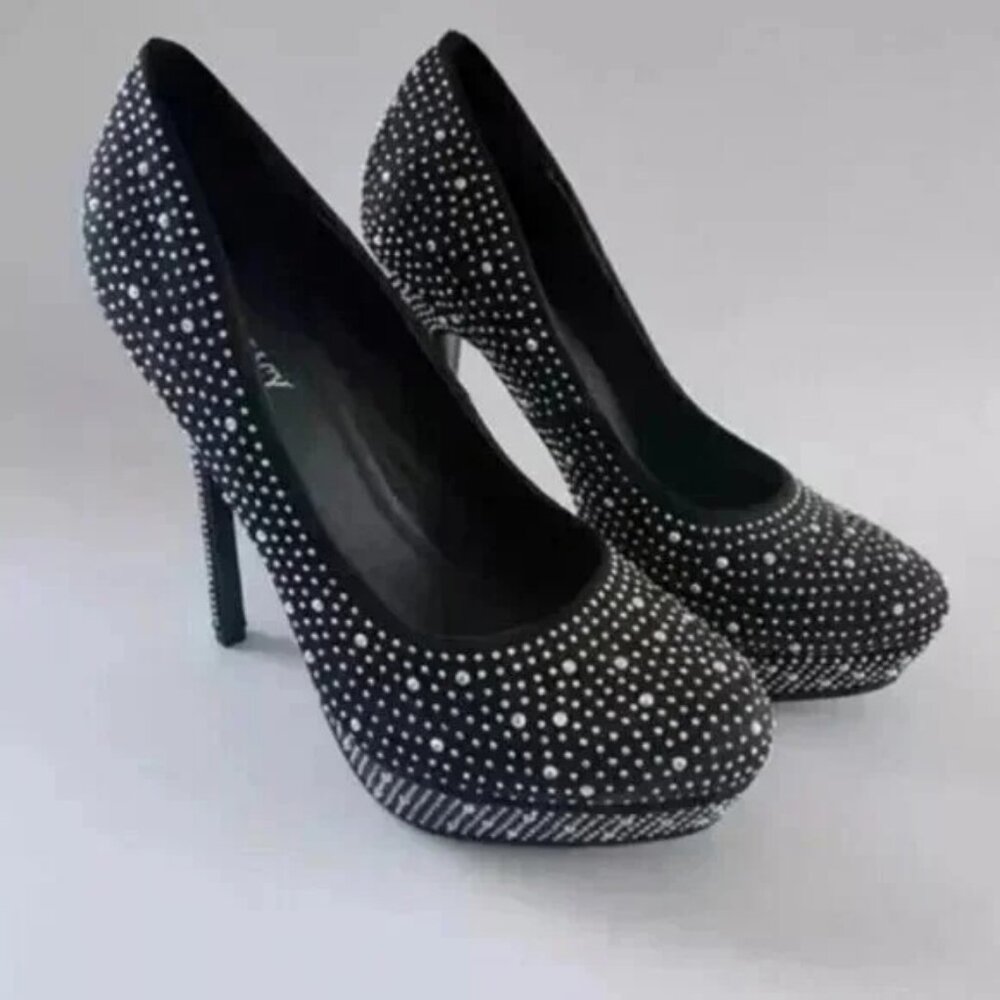 Womens Black Platform High Heel Rhinestone Pumps Size 10